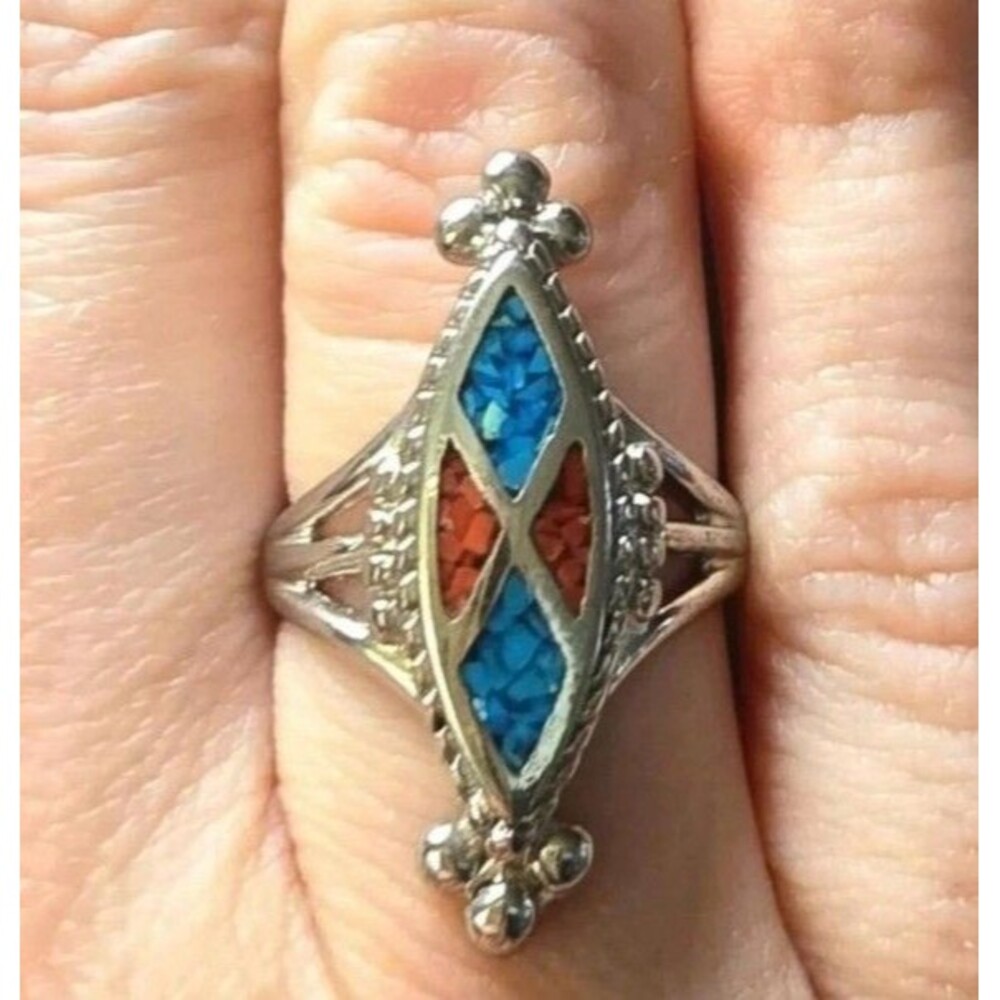Silver Turquoise and Coral Inlay Ring * Western * Native* Southwestern